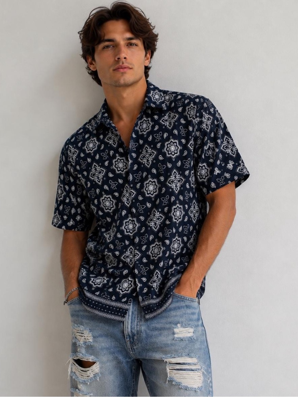 Abercrombie & Fitch Navy/White Retro Handkerchief Printed Short Sleeve Shirt